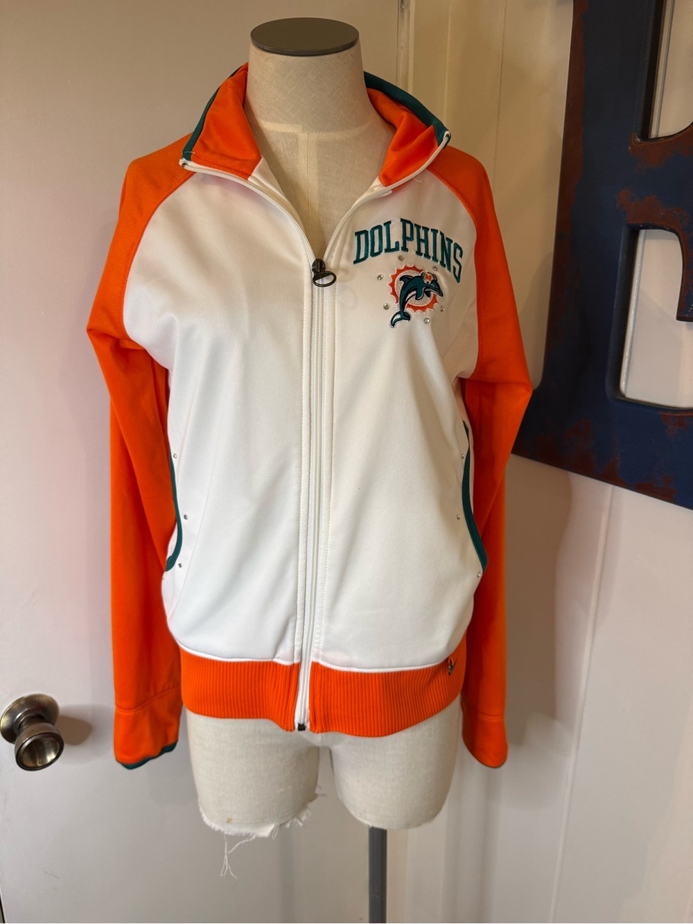 Reebok Miami Dolphins White and Orange Athletic Zip Jacket Sz M